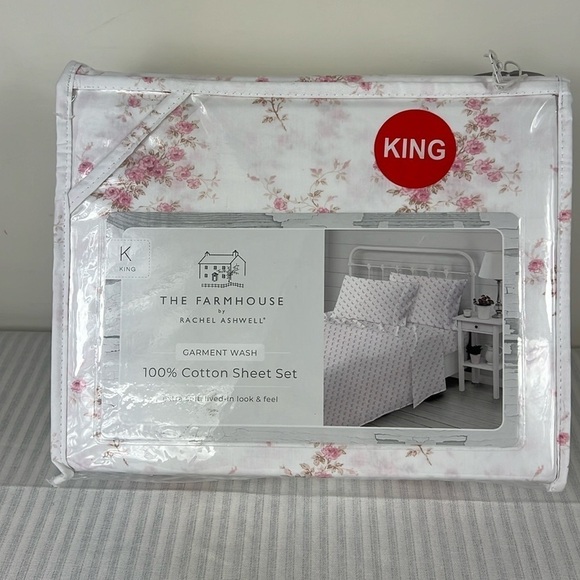 Shabby Chic The Farmhouse Rachel Ashwell Floral Pink Cotton King Sheet Set NEW - Picture 1 of 6